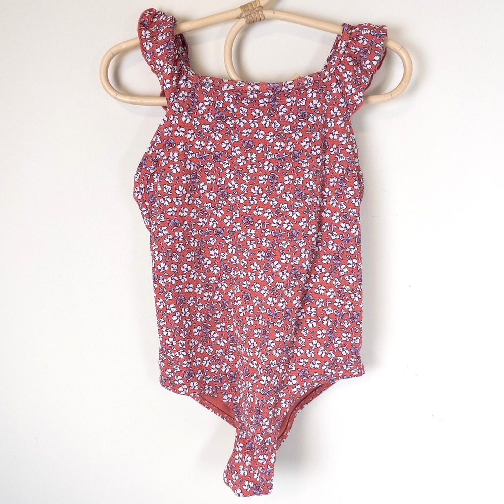 H&M Floral One Piece Swimsuit Girls 5T 6T Rust Ruffle Shoulder Seersucker